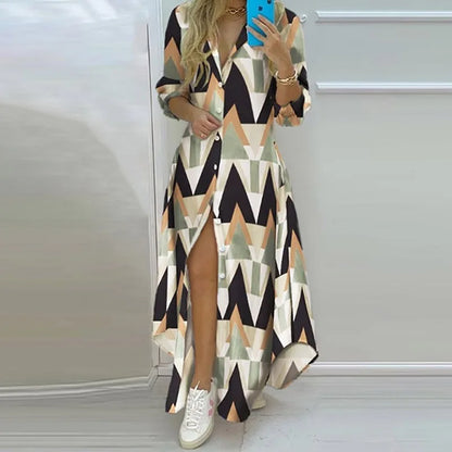 Vintage Elegant Retro Print Women's Shirt Dress Fashion Casual Holiday Dress Long Sleeve Irregular Office Lady Summer New Dress
