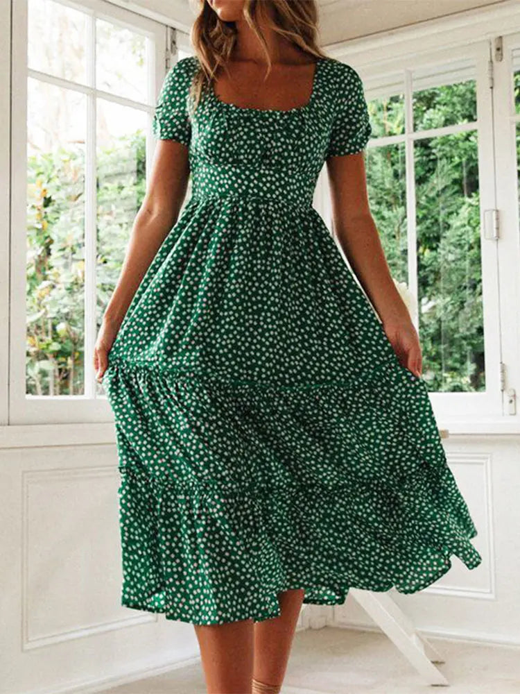 Vestidos Vintage Estampado Vintage Manga Abullonada Verano Playa Dulce Vestidos Casual Cuello Cuadrado Floral Maxi Vestido Largo Fiesta
