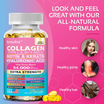 Colágeno Kenofor 1000 mg con biotina 10 000 mcg, queratina, ácido hialurónico, vitamina C, fórmula saludable, suplemento dietético sin gluten.
