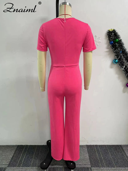 Znaiml Women Elegant Long Jumpsuits for Party Summer Short Sleeve Buttons Solid Color Wide Leg Pants Rompers One Pieces Overalls