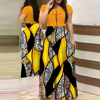Geo & Faith Print Splicing Dress, Casual Short Sleeve Crew Neck Cinched Waist Dress For Spring & Summer, Women's Clothing