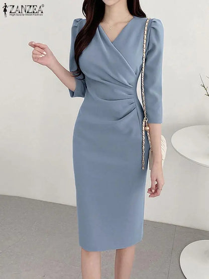 ZANZEA - Vestido de verano para mujer, sexy, de color liso, largo hasta la rodilla, ajustado, elegante, con mangas 3/4 y escote en V, para trabajo, 2025