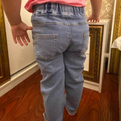 Pantalones vaqueros largos con estampado floral de dibujos animados para niñas, pantalones casuales con agujeros y estampado de grafiti para primavera y otoño