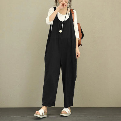 Enterizo sencillo sin mangas con pantalones largos para mujer, de verano, de algodón fino con bolsillos, informal, multicolor, con cuello en V y tirantes