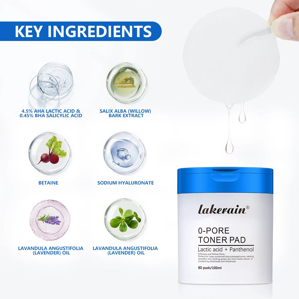 Almohadillas tónicas faciales de doble textura con ácido salicílico y ácido láctico (4,5 % AHA y 0,45 % BHA) para exfoliación y cuidado de los poros.
