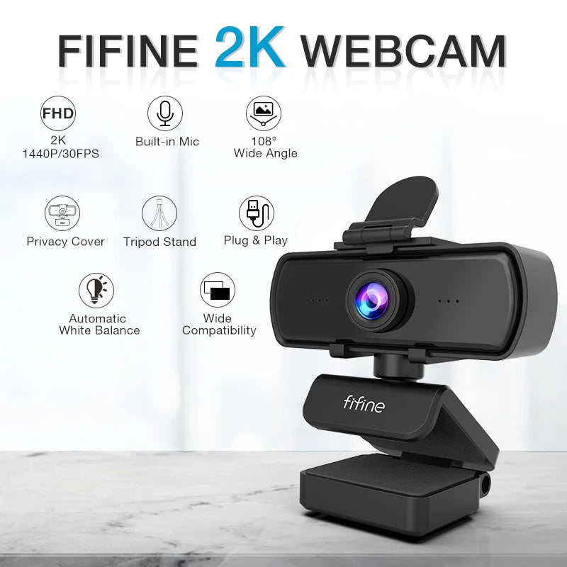 Cámara web FIFINE 1440p Full HD para PC con micrófono, trípode, para computadoras de escritorio y portátiles con conexión USB, cámara web con transmisión en vivo para videollamadas - K420