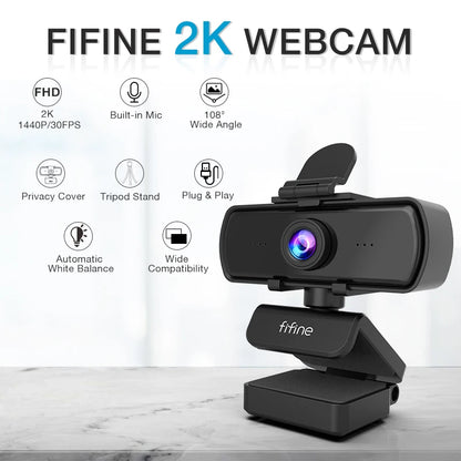 Cámara web FIFINE 1440p Full HD para PC con micrófono, trípode, para computadoras de escritorio y portátiles con conexión USB, cámara web con transmisión en vivo para videollamadas - K420