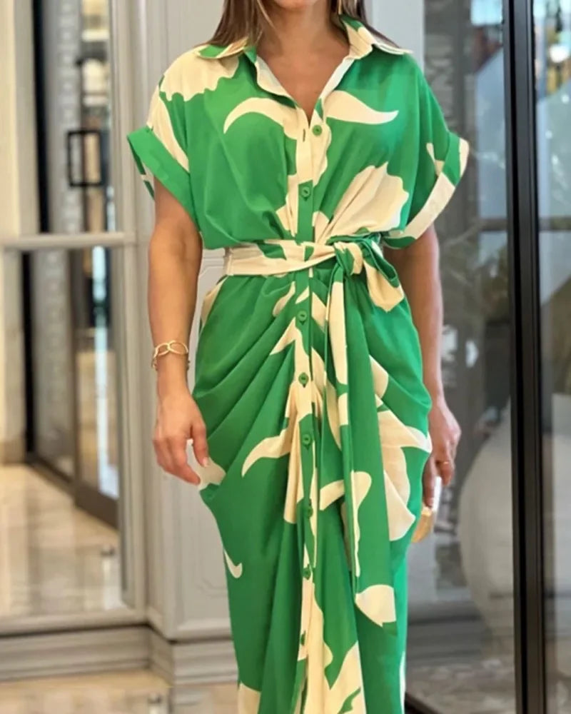 Women's Summer Casual Short Sleeved Printed Flip Collar Dress, Casual Elegant Button Up Women's Belt Dress