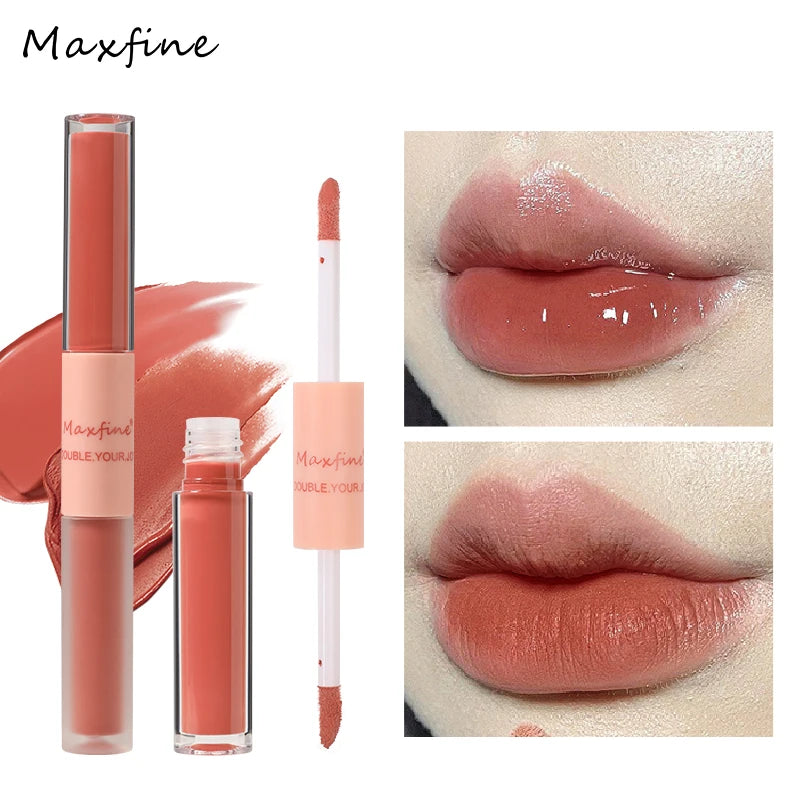 Brillo labial de doble punta, brillo total, espejo y terciopelo mate, color e hidratación de larga duración, brillo labial cosmético antimanchas.