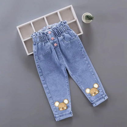 Pantalones vaqueros largos con estampado floral de dibujos animados para niñas, pantalones casuales con agujeros y estampado de grafiti para primavera y otoño