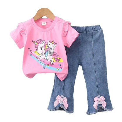 Conjunto de verano para niñas de 0 a 4 años, nuevo, con estampado de dibujos animados, manga corta y pantalones vaqueros, 2025