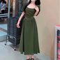 Vestido francés de talla grande, color liso, elegante, ajustado, con cintura adelgazante y cuello cuadrado, nuevo estilo de verano para mujeres regordetas.