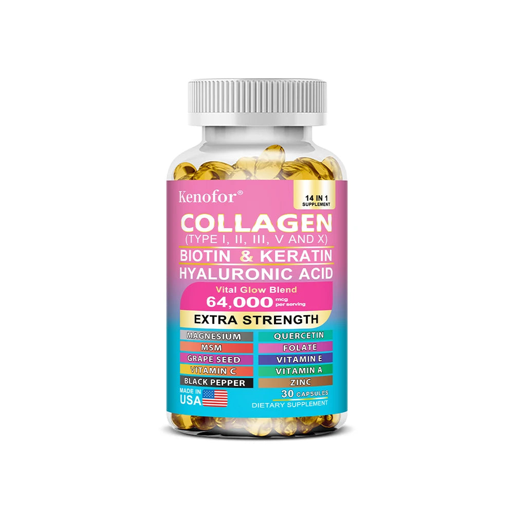 Colágeno Kenofor 1000 mg con biotina 10 000 mcg, queratina, ácido hialurónico, vitamina C, fórmula saludable, suplemento dietético sin gluten.