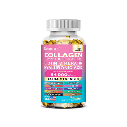 Colágeno Kenofor 1000 mg con biotina 10 000 mcg, queratina, ácido hialurónico, vitamina C, fórmula saludable, suplemento dietético sin gluten.