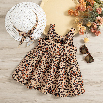 Vestido de verano para niña con estampado de leopardo y lazo decorativo, con tirantes, bonito vestido de fiesta para niña