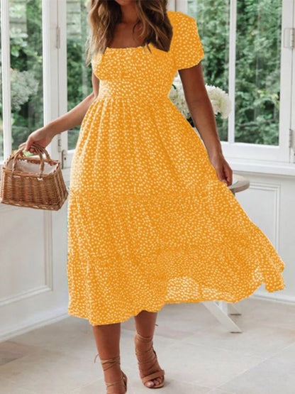 Vestidos Vintage Estampado Vintage Manga Abullonada Verano Playa Dulce Vestidos Casual Cuello Cuadrado Floral Maxi Vestido Largo Fiesta