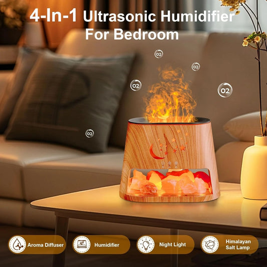 Humidificador de dormitorio con luz ambiental de piedra de sal de roca de cristal natural del Himalaya 2025 y difusor de aceites esenciales con llama de siete colores