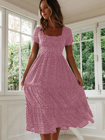 Sexy Square Collar Floral Print Midi Dress 2024 Women's Summer Puff Short Sleeve Ruffles Casual Party Dresses For Women Robe