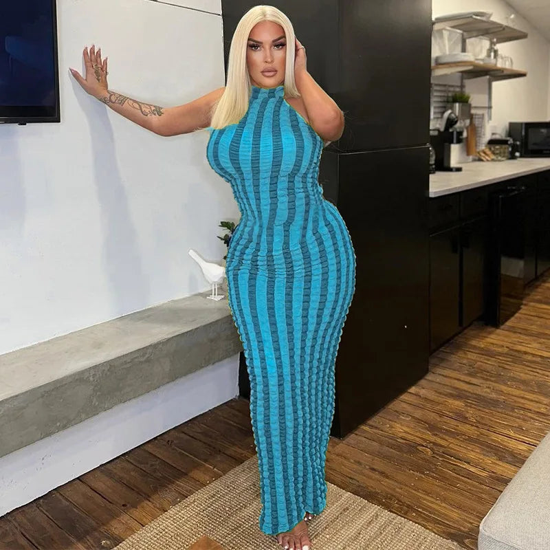 Hugcitar Patchwork Sexy Y2K Ropa Sin Mangas Espalda Descubierta Halter Fruncido Bodycon Vestidos Largos Para Mujeres Club Fiesta de Cumpleaños Trajes
