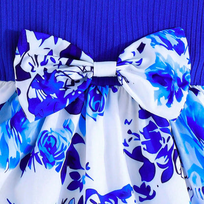 Vestido de verano para niña, nuevo, con mangas cortas y volantes, lazo plisado, cinta azul y blanca, elementos de porcelana, estilo chino, para fiesta de cumpleaños.
