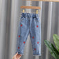 Pantalones vaqueros largos con estampado floral de dibujos animados para niñas, pantalones casuales con agujeros y estampado de grafiti para primavera y otoño