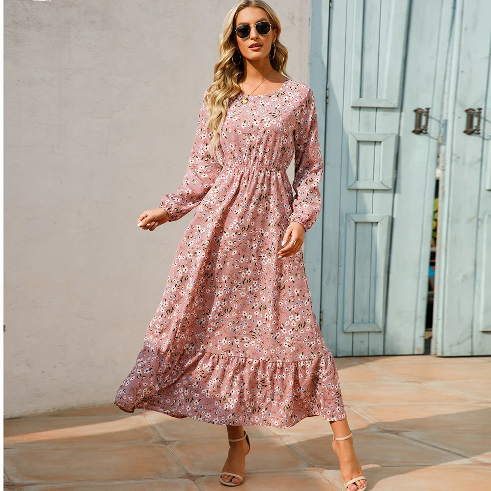 Vestidos largos bohemios informales de manga larga y cintura alta para mujer, de gasa, para playa, primavera y otoño, con estampado floral