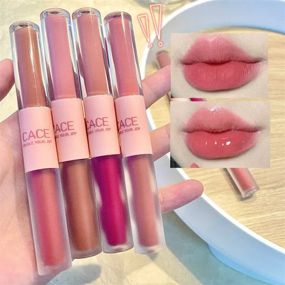 Brillo labial de doble punta, brillo total, espejo y terciopelo mate, color e hidratación de larga duración, brillo labial cosmético antimanchas.