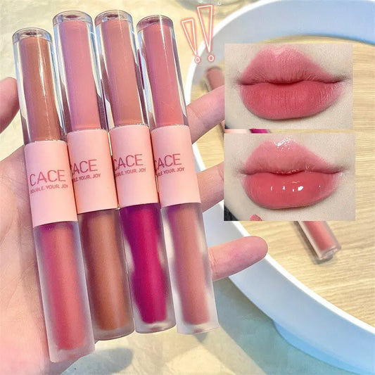 Brillo labial de doble punta, brillo total, espejo y terciopelo mate, color e hidratación de larga duración, brillo labial cosmético antimanchas.