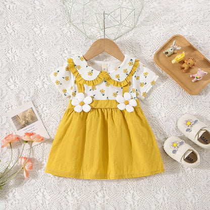 Vestido de verano para niña de 0 a 3 años, de algodón, con estampado floral, de dos piezas y tirantes finos, de manga corta.