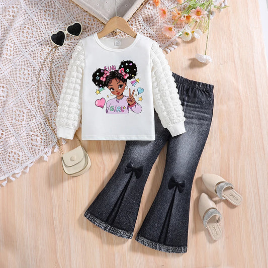 Conjunto de moda para niña de primavera y otoño con cuello redondo blanco, estampado de dibujos animados, manga larga y pantalones adelgazantes de color liso, dos piezas
