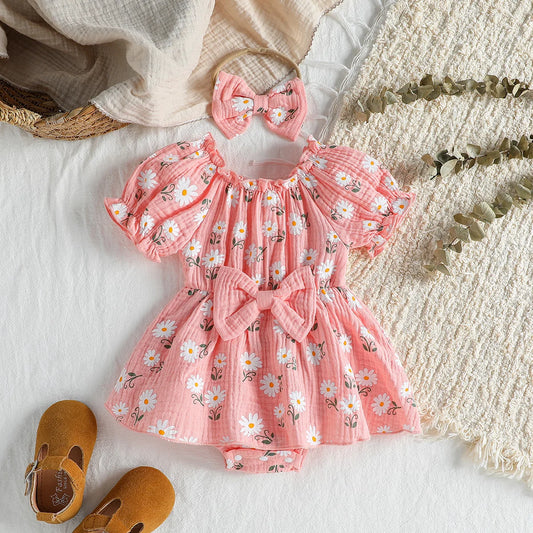 Conjunto de 2 piezas de peleles de algodón suave para recién nacidas, color rosa, con estampado de margaritas, de manga corta y diadema.