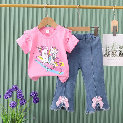 Conjunto de verano para niñas de 0 a 4 años, nuevo, con estampado de dibujos animados, manga corta y pantalones vaqueros, 2025