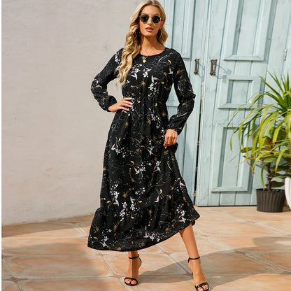 Vestidos largos bohemios informales de manga larga y cintura alta para mujer, de gasa, para playa, primavera y otoño, con estampado floral