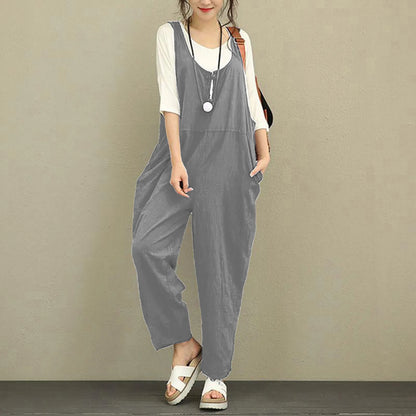 Enterizo sencillo sin mangas con pantalones largos para mujer, de verano, de algodón fino con bolsillos, informal, multicolor, con cuello en V y tirantes