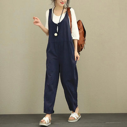 Enterizo sencillo sin mangas con pantalones largos para mujer, de verano, de algodón fino con bolsillos, informal, multicolor, con cuello en V y tirantes