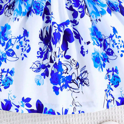 Vestido de verano para niña, nuevo, con mangas cortas y volantes, lazo plisado, cinta azul y blanca, elementos de porcelana, estilo chino, para fiesta de cumpleaños.