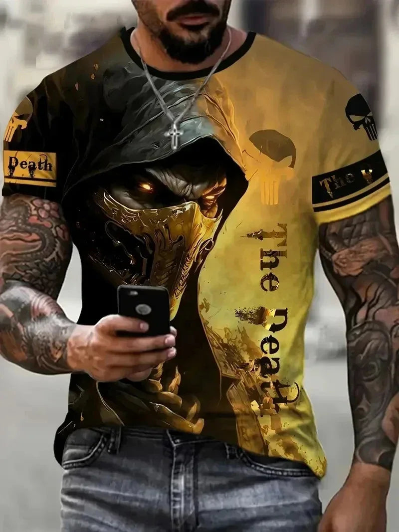 Camiseta de manga corta con estampado 3D de calavera de terror, estilo hip hop callejero, cuello redondo, holgada e informal, para verano, 2025