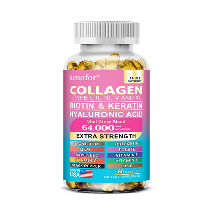 Colágeno Kenofor 1000 mg con biotina 10 000 mcg, queratina, ácido hialurónico, vitamina C, fórmula saludable, suplemento dietético sin gluten.