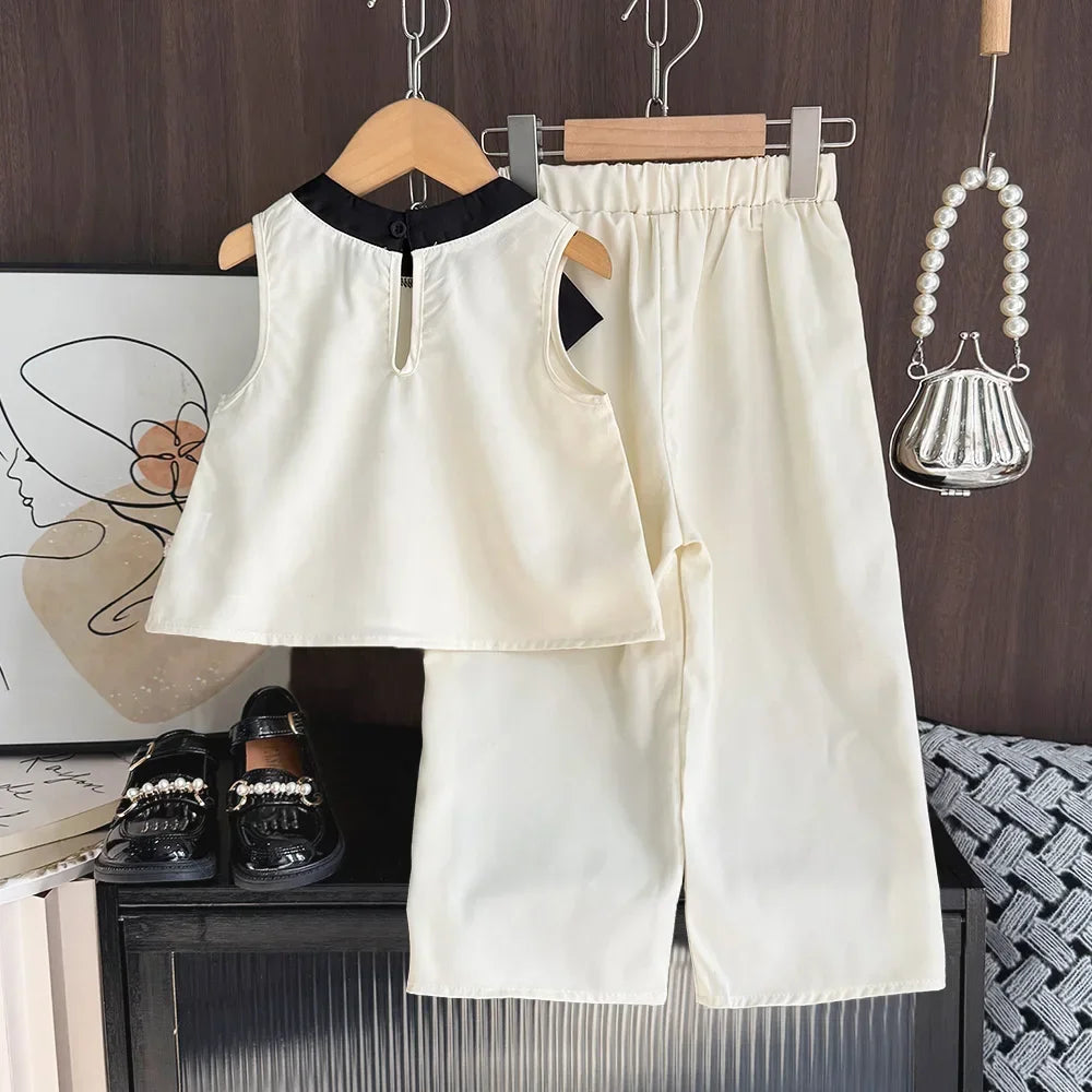 Bear Leader 2025 - Conjunto de 2 piezas para niñas de 3 a 7 años, versión coreana, con top sin mangas y pantalones anchos, con lazo 3D