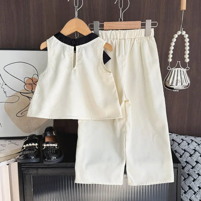 Bear Leader 2025 - Conjunto de 2 piezas para niñas de 3 a 7 años, versión coreana, con top sin mangas y pantalones anchos, con lazo 3D