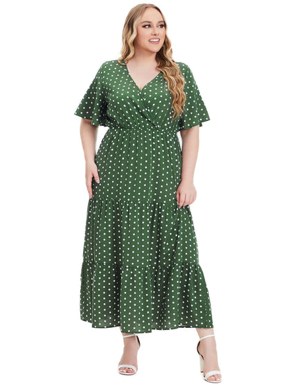 Vestidos casuales bohemios de manga corta con cuello en V y estampado de lunares a la moda para mujeres de talla grande.