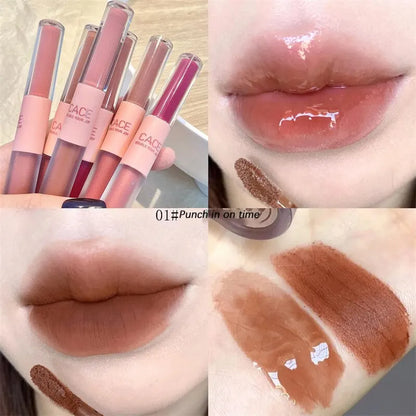 Brillo labial de doble punta, brillo total, espejo y terciopelo mate, color e hidratación de larga duración, brillo labial cosmético antimanchas.