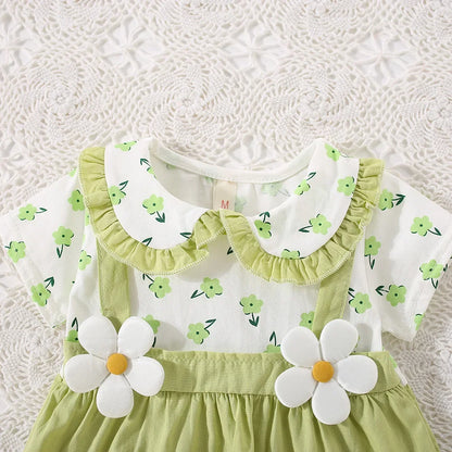 Vestido de verano para niña de 0 a 3 años, de algodón, con estampado floral, de dos piezas y tirantes finos, de manga corta.