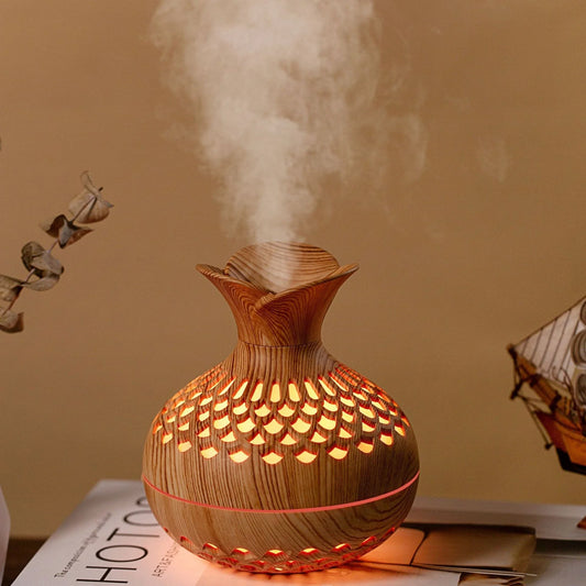 Nuevo humidificador vintage elegante y creativo con diseño de flores de madera, USB, mini, silencioso, para el hogar, la oficina, escritorio, colorido, difusor de aroma vacío