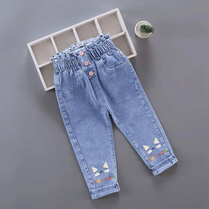 Pantalones vaqueros largos con estampado floral de dibujos animados para niñas, pantalones casuales con agujeros y estampado de grafiti para primavera y otoño