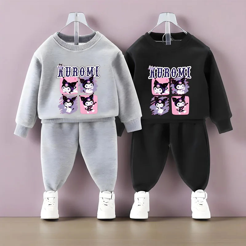 Conjuntos de sudaderas con capucha para niños de Sanrio, otoño y primavera, chándal con estampado de Kuromi para niños y niñas, conjunto de 2 piezas de jersey y pantalón transpirables para niños