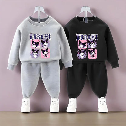 Conjuntos de sudaderas con capucha para niños de Sanrio, otoño y primavera, chándal con estampado de Kuromi para niños y niñas, conjunto de 2 piezas de jersey y pantalón transpirables para niños