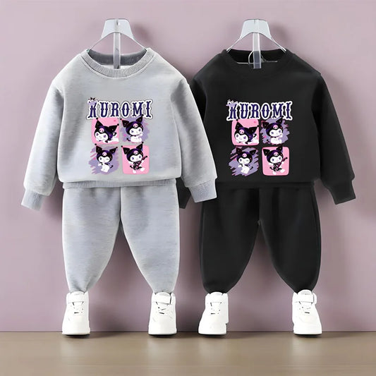 Conjuntos de sudaderas con capucha para niños de Sanrio, otoño y primavera, chándal con estampado de Kuromi para niños y niñas, conjunto de 2 piezas de jersey y pantalón transpirables para niños