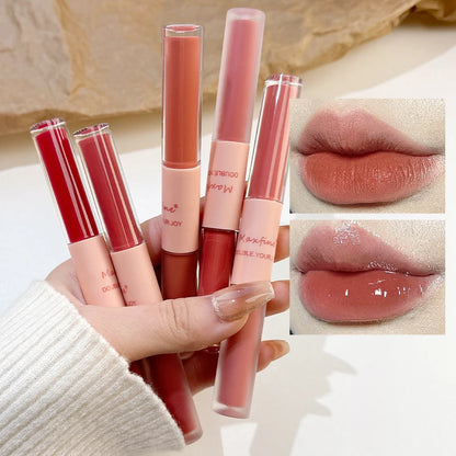 Brillo labial de doble punta, brillo total, espejo y terciopelo mate, color e hidratación de larga duración, brillo labial cosmético antimanchas.