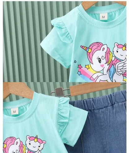 Conjunto de verano para niñas de 0 a 4 años, nuevo, con estampado de dibujos animados, manga corta y pantalones vaqueros, 2025